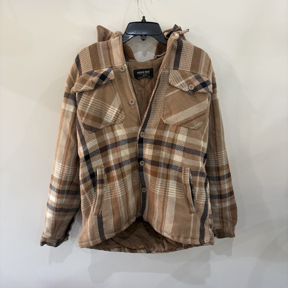 Smoke Rise Shacket Jacket Men's Medium Plaid Hooded Brown Beige Lined Y2K